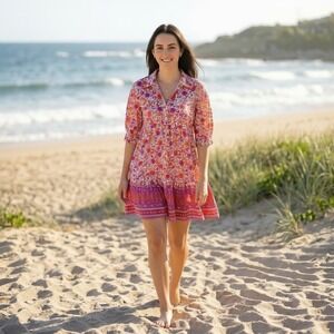 Natural Life Women Becca Floral Tiered Mini Dress Pink Orange Button Front XS